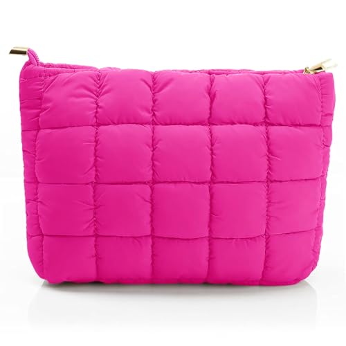 Hillban Hot Pink Puffy Quilted Makeup Bag for Women Gift, Classic - color: Hot Pink, size: Classic