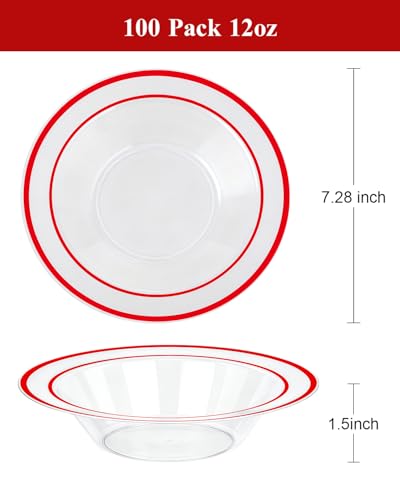 BESTSTAR 100 Pack clear Plastic Bowls with Red Rim - color: Red, size: 100 pack