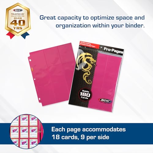 BCW Double-Sided 9-Pocket Pages Holder - 10 Pink Pages | Trading Card Binder Sheets | Secure Side Loading | Ideal Card Storage and Display Solution - color: Pink