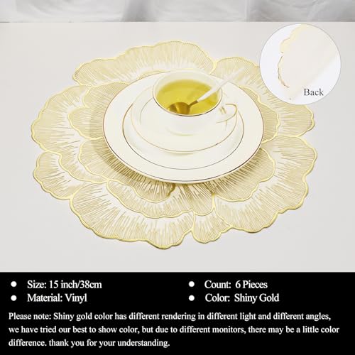 Floral Round Placemats Set of 6 Gold Vinyl Table Mats 15 Inch Reusable - color: Floral Gold
