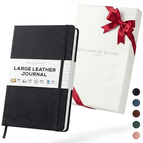 BEECHMORE BOOKS A4 8.5x11.5 Lined Leather Journal For Men 120 GSM, Gift Box - color: Charcoal Black, size: A4 - 8.5" x 11.5" Large