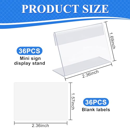36 Mini Acrylic Sign Holder Name Card Price Tag Label Holder with 36 PCS Blank Labels Slanted L-Shape Plastic Name Card Price Card Tag Label Counter Top Stand