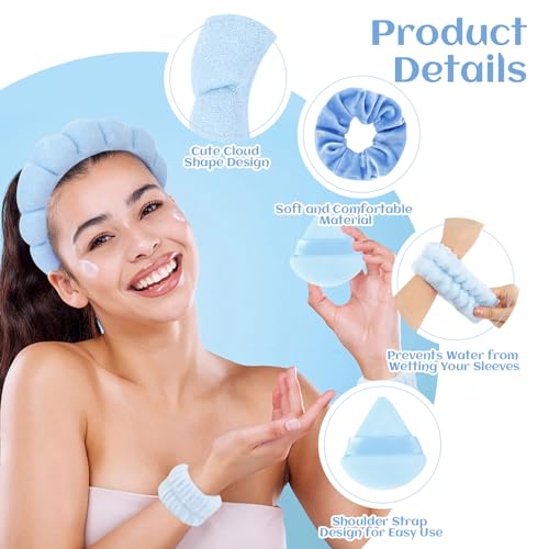 7Pcs Spa Set - Puffy Headband, Wristbands, Powder Puffs, Makeup Removal Terry Cloth Headband - Blue - color: Blue