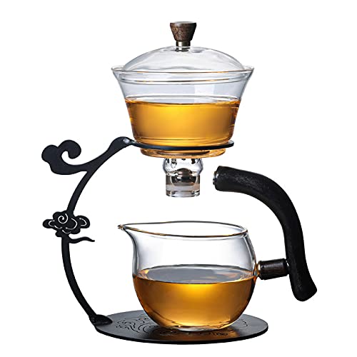 RORA Glass Teapot Set Semi Automatic Drip Rotating with Infuser Lazy Kungfu Tea pot Set (Black) - color: Black, size: teapot