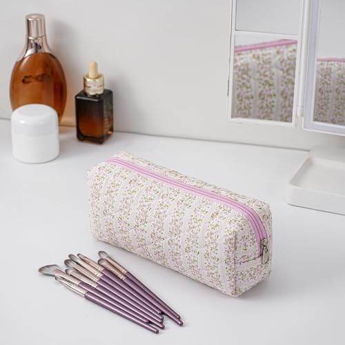 Cute Floral Cotton Makeup Brush Cosmetic Bag for Women, Travel Quilted Zipper Make Up Bag, Flowers Toiletry Organizer Case Kawaii Makeup Cosmetic Travel Cloth Pouch (Pink+Blue Floral) - color: Two Pack: (Pink Floral+Blue Floral)