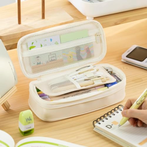 EASTHILL Big Capacity Pencil Case Large Pencil Pouch Stationery Pen Bag for Teen Girls-Cream - color: Cream