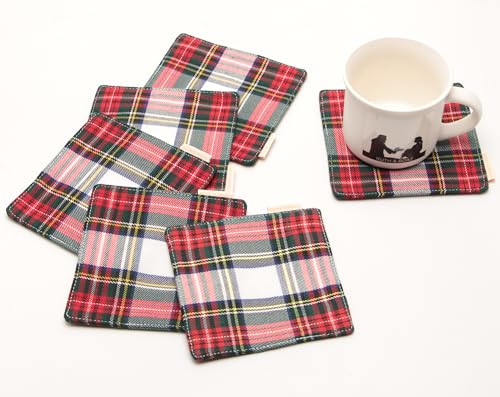 RUTH&BOAZ Traditional Scottish Tartan Plaid Fabric Coasters | for Christmas Parties | Set of 6 | 4”Square (White)