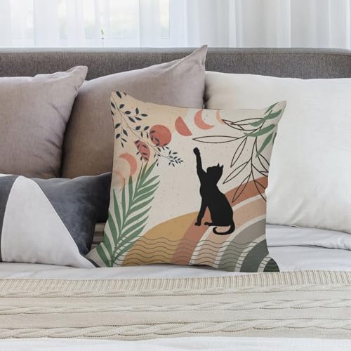 Mid Century Moon Cat Pillow Covers Retro Black Cat Leaves Sun Moon Boho Abstract Geometric Arch Home Decor Sofa Bedroom Cushion Outdoor Indoor Decorations 16 "x16 - color: Cat-6, size: 16" x 16" (Pack of 2)