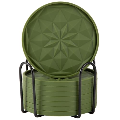 OIAHOMY 8 Pcs Coasters with Holder for Beer, Coffee, Silicone Coaster Set for Table Decor for Kitchen, Bar, Dining Room, Living Room, Housewarming Gifts - Green - color: Green, size: 8Pcs