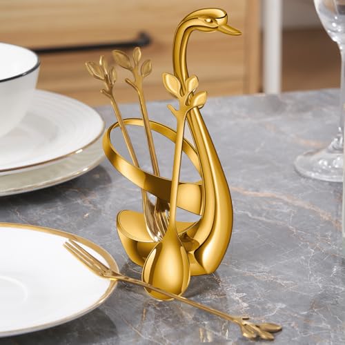 AnSaw Gold Swan Base Holder Set with 10 Pcs 4.7" Mini Leaf Spoons & Forks - color: Gold Swan