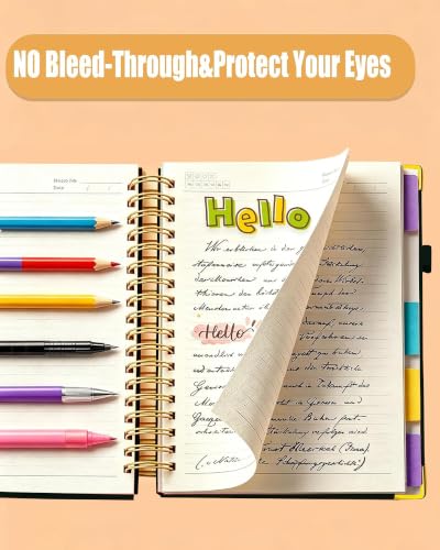 Hardcover Spiral Notebook Journal with Removable Dividers Tabs, 5 Subject Notebooks for Work School, 300 pages 8"x10" B5 leather Journal College Ruled, Cute Journal for women, Black - color: Black