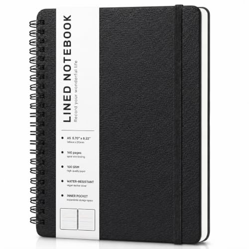 Lined Spiral Notebook for Women, A5 College Ruled Leather Spiral Journals - color: Black, size: A5