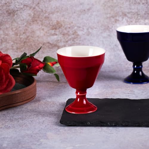 KAMMAK Tea Cup, 3oz Small Tea Cups Set of 2, Ceramic Tea Cups for Home, Tea Party, Office, Fashion Porcelain Tea Set with Short Stem, Chinese Kungfu Tea Set for Hot/Cold Drink (Red and Blue) - style: 680N+681N Red and Blue