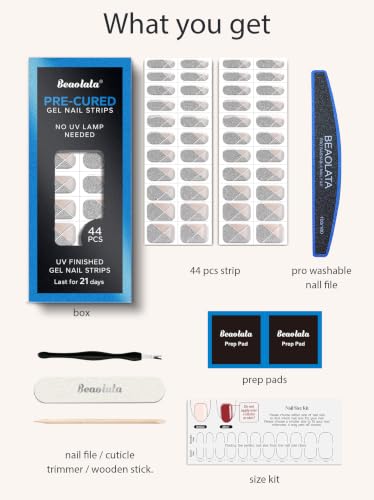 Real Gel Nail Strips (No UV Light Needed) - 44Pcs Salon Quality Nail Stickers - Long Lasting Polish Wraps for Women, Easy Apply & Remove (Nude Veil Silver) - color: Nude Veil Silver