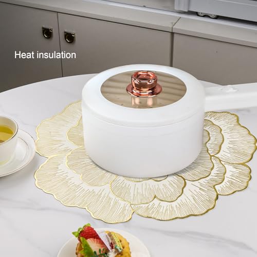 Floral Round Placemats Set of 6 Gold Vinyl Table Mats 15 Inch Reusable - color: Floral Gold