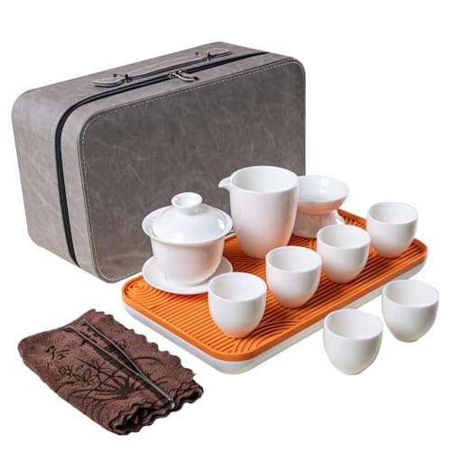 KEYDUACU Gaiwan Tea Set,Chinese Gongfu Tea Set,Portable for Adults,Travel - style: Travel-White
