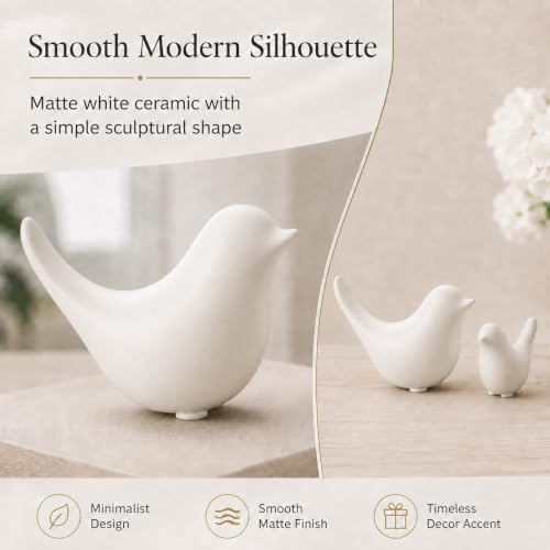 White Ceramic Bird Figurines and Statues, 2 Piece Bird Decor - color: White