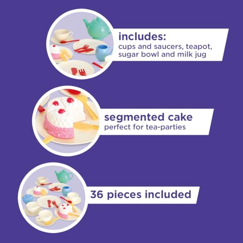 Casdon 36-Piece Tea Set - Colorful Toy Playset with Teapot, Milk Jug, Cups & Saucers, Cake, & More - Suitable for Preschool Toys - Playset for Children Aged 3+