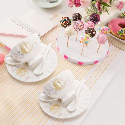 WRINGKIT Tea Cups and Saucers Set of 6, 7 Oz, Microwave Safe - size: Small