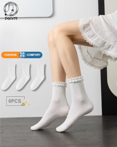 DQCUTE Women's Ruffled Ankle Cotton Crew Socks, 6 Pairs - color: White (6 Pairs)
