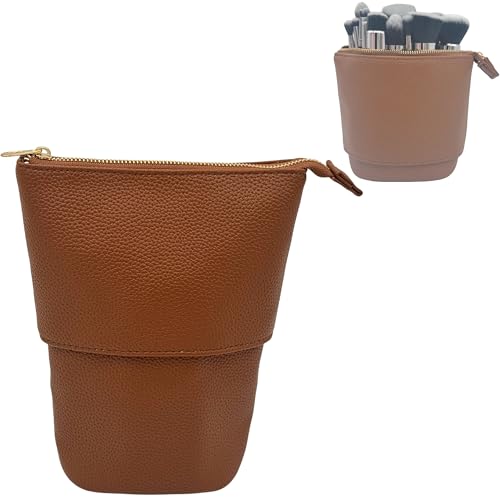 JAZD Travel Makeup Brush Bag Standup Brush Holder Portable Convertible Make up Brush Pouch Cosmetic Case (BROWN) - color: BROWN