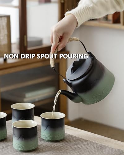 ZENS Japanese Teapot Set with 4 Cups, 33.8oz Loose Leaf Clay Teapot - color: Black & Pea Green, size: 33.8oz Teapot&4 of 8oz Cups