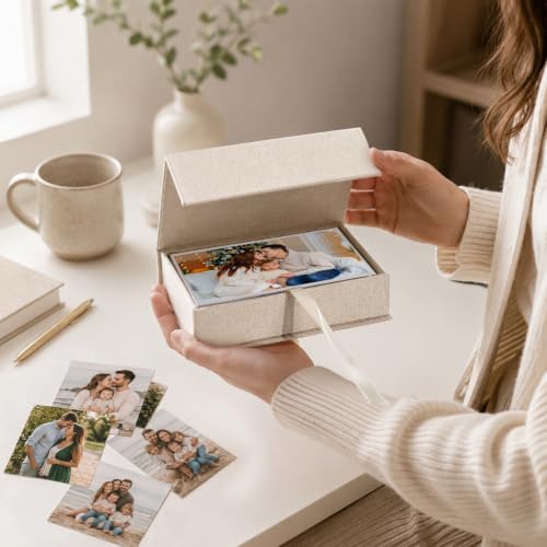 Vienrose Small Photo Storage Box, 4"x6", Linen Postcard Keeper, Beige - color: Beige, size: 4"x6"