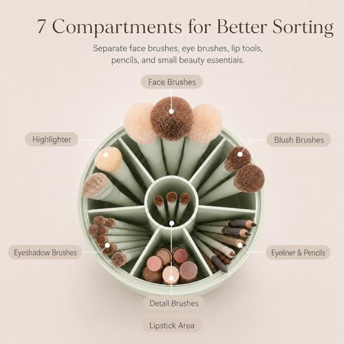EACHY Makeup Brush Holder with Lid, Rotating Makeup Brush Organizer, Green - color: Green
