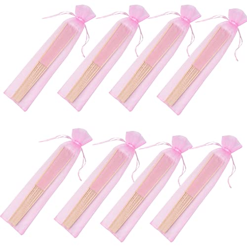 24pcs Imitated Silk Hand Fan Imitated Silk Fabric Bamboo Handheld Folded Fan Bridal Dancing Props Church Wedding Party Favors with Organza Bags (Pink) - color: Pink