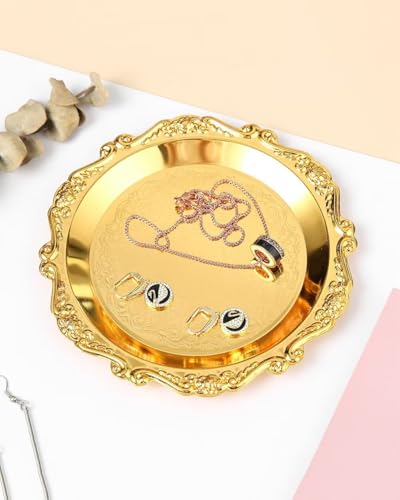 Round Decorative Tray 7.9in Metal Dessert Plates Vintage Coffee Table Tray for Snacks Fruit Gold - color: Gold, size: 7.9"