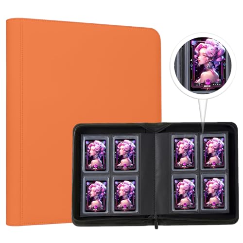 Toploader Binder,4-Pocket Double Sided Top Loaders Binder,Holds 128 Cards in 3"x4" Toploaders,PU Leather Card Binder Abulm for Toploader Trading,Sports,and Gaming Cards (Orange) - color: Orange