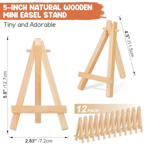 12 Pack 5" Mini Wood Display Easel, Natural Wooden Tripod Holder Stand for Displaying Small Canvases, Business Cards, Photos