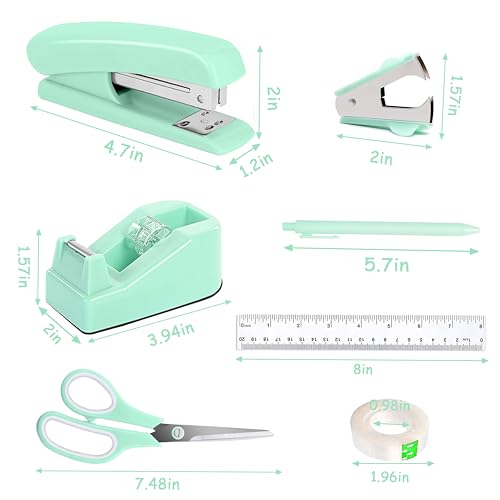 Dimonluce Green Office Supplies, Teal Desk Accessories Accessories with Tape Dispenser, Stapler, Staple Remover, 1000 Staples, Tape, Clips Set, Ruler, Scissor, Pen - color: Green