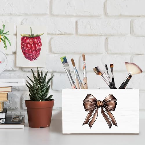 Coquette Football Bow Pen Holder for Desk, Football Lovers Players Gifts Pencil Organizer, Preppy Bow Sports Wooden Box Sign Desk Decor for Girls Dorm Home Office Decoration - color: Football Bow