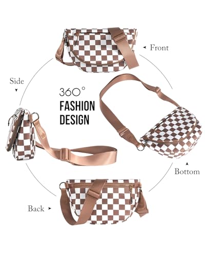 Crescent Bag for Women,Medium Nylon Crescent Bag Single Shoulder Bag - color: Crossbody bag- Brown Checkered