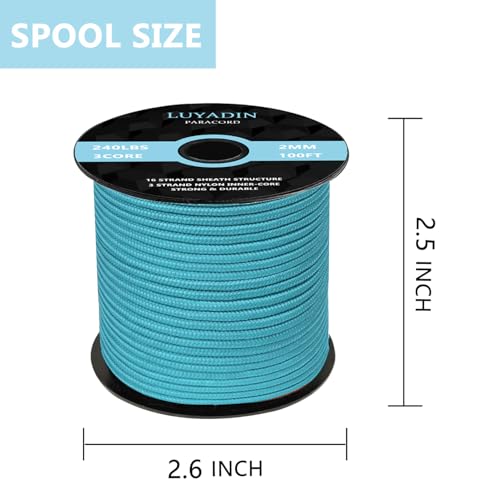 Paracord 240lb - Diameter 2mm Micro Utility Cord -3 Strand Parachute Spool Cord - 100ft 200ft,Paracord for Camping,Hiking,Fishing,Outdoor and DIY - color: Cyan, size: 100 ft