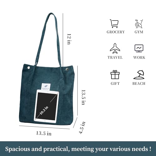 Corduroy Tote Bag Cute Tote Bags for Women Shoulder Bag with Inner Pocket for Work Beach Travel and Shopping Grocery - style: Blue-green