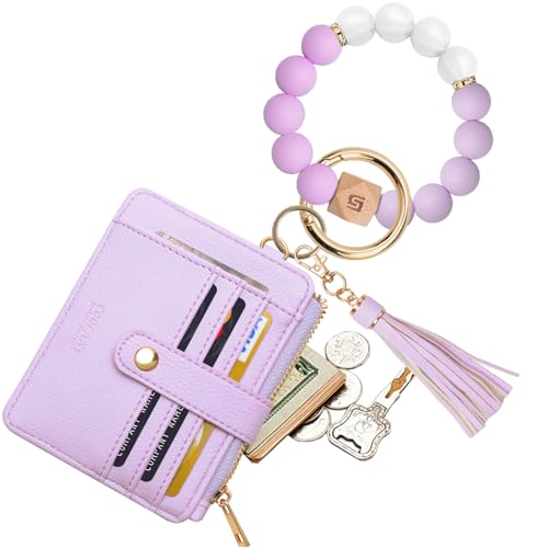 COOLANS Silicone Bracelet Wristlet Wallet Credit Card Holder RFID ID Window Key Ring Tassel Slim Wallet Women Keychain Purse - color: Light Purple