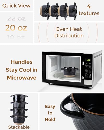 GBhome 22 Ounces Soup Bowls with Large Handles and Lids, Stoneware Bowls Set of 4 with Spoon for Soup, Cereal, Stew, Colourful Ceramic Kitchen Bowls, Microwave&Dishwasher Safe, Black - color: Black