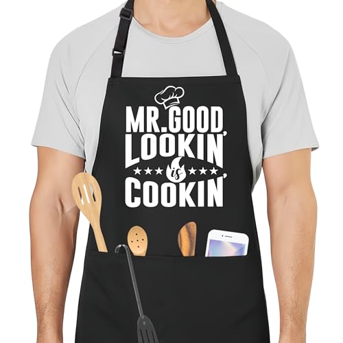 Mr. Good Lookin is Cookin Funny Aprons for Men with 2 Pockets, Cooking Apron for Dad, Gag Gifts for Men, Adjustable BBQ Apron for Husband, Chef Kitchen Gifts for Birthday & Father’s Day - A21 - color: Mr. Good Lookin is Cookin 1