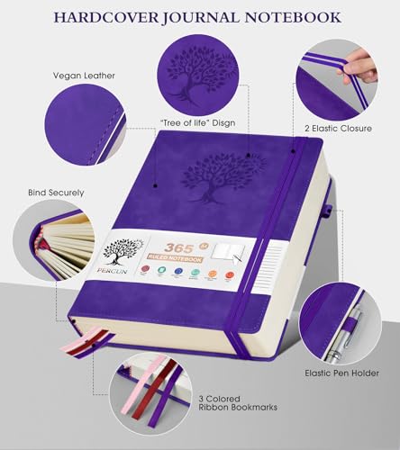 PERCUN A4 Lined Journal Notebook，365 Page Large Leather Journals for Writing Women Men，Hardcover Notebook with 100Gsm Thick Pages for Travel，Work，School，College Ruled, Daily Diary (8.5" x 11.4") - color: Purple, size: A4