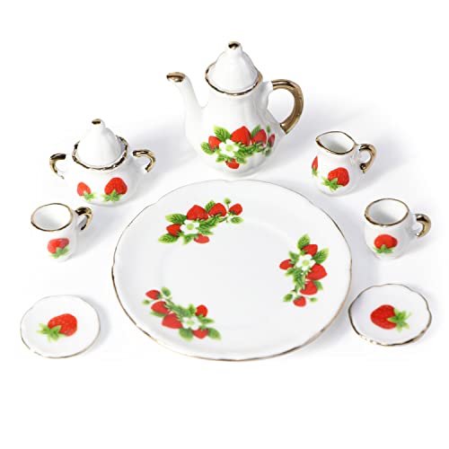 Miniature Tea Set 1/6 Scale Dollhouse Accessories Porcelain, Strawberry - color: Strawberry