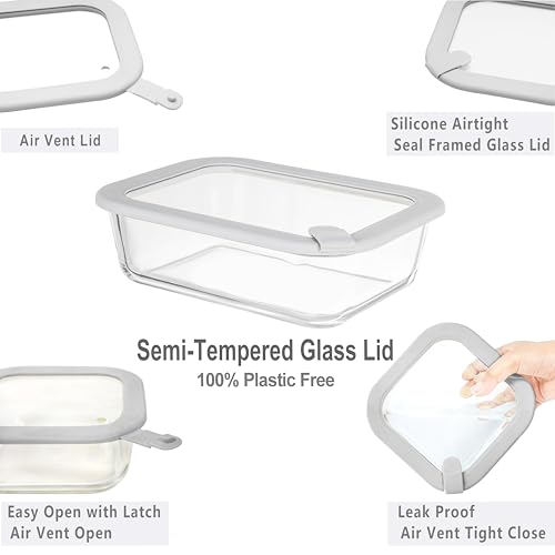 Glass Food Containers with Glass Lid, Microwave Safe Food Storage Container Set, 4 Pack of 35oz, Large Size Airtight Storage Set with Leak Proof Lids, Meal Prep Containers - color: Grey-J4RS