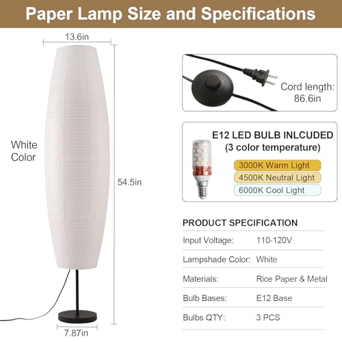 Paper Lamp Floor Lamp White Paper Lantern 3-Lights Bulbs Included - color: Oval White & Black