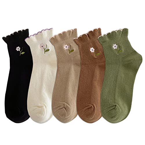 zrylibya Women Ruffle Frilly Floral Embroidery Scallop Ankle Socks 5 Pairs - color: Multicolor a