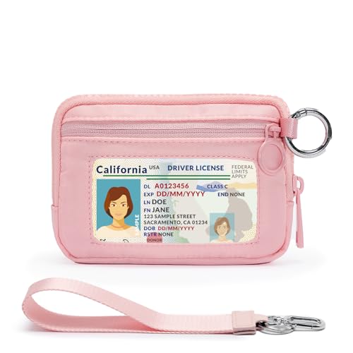 Small Wristlet Wallets for Women with Clear ID Window, Keychain Coin Purse - color: Pink