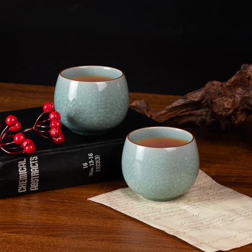 KAMMAK Japanese Tea Cups, 5 Oz Small Handmade Ceramic Teacups, Set of 2 - style: Ice Crackle Glaze-Egg