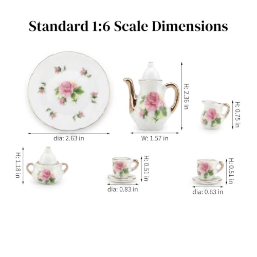 Miniature Tea Set 1/6 Scale Dollhouse Accessories Porcelain Little Rose - color: Little Rose