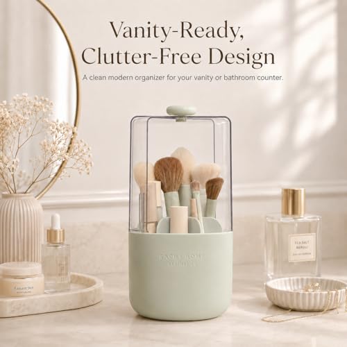 EACHY Makeup Brush Holder with Lid, Rotating Makeup Brush Organizer, Green - color: Green