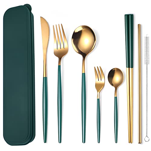 AARAINBOW 8 Pieces Stainless Steel Flatware Set Portable Reusable Cutlery Set Travel Utensils Set Including Chopsticks Knife Fork Spoon Straws Cleaning Brush Dishwasher Safe (Green Golden) - color: Green Golden